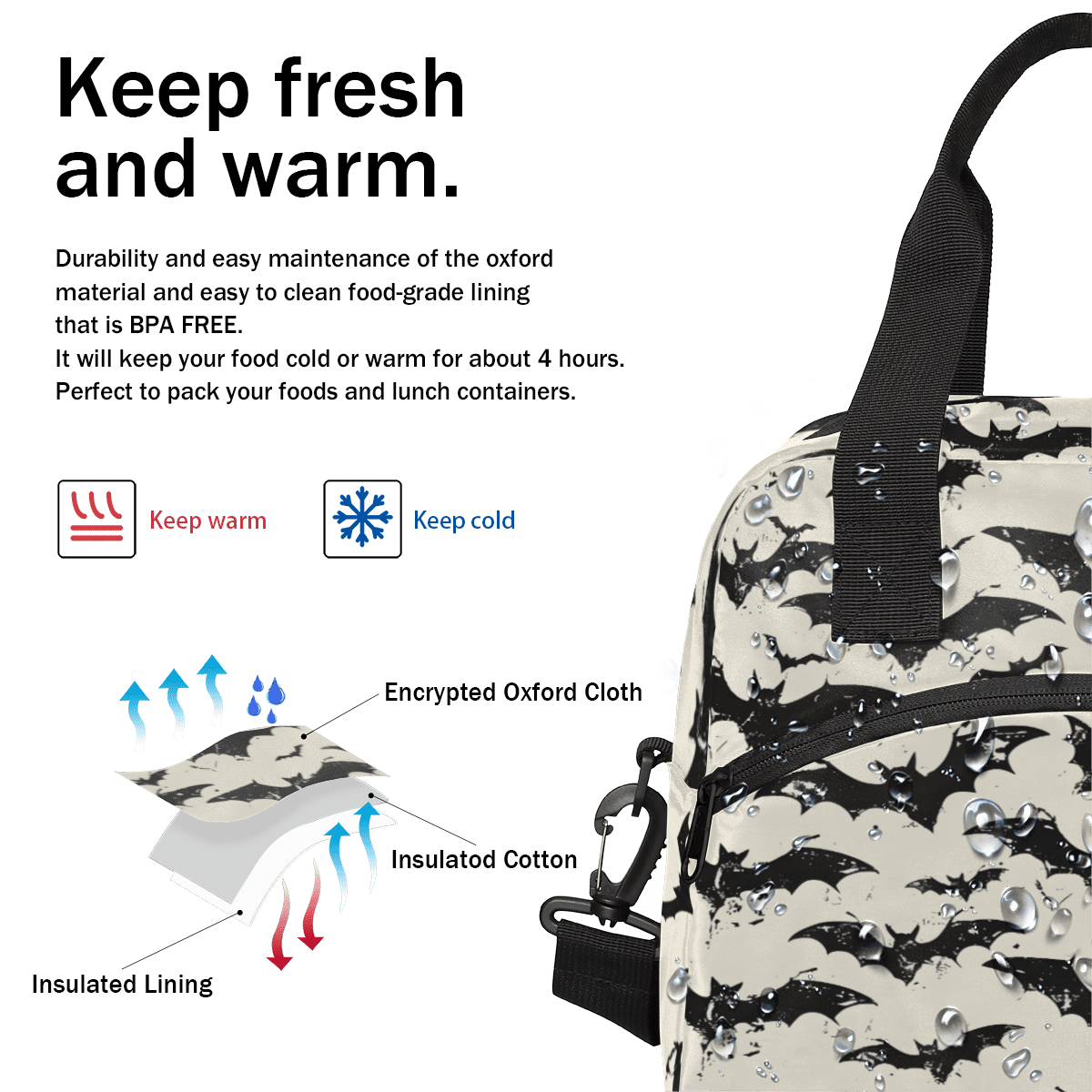 Herdesigns Halloween Insulated Lunch Bag for Women Men Adults Large Reusable Lunch Box Spooky Bats Leakproof Cooler Tote Bags with Adjustable Shoulder Strap