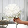 thumbnail image 1 of Nvzi Ramos de boda color marfil, novia lanza rosas artificiales con flores con cristales, cintas suaves y diamantes para compromiso, día de San Valentín, 1 of 5