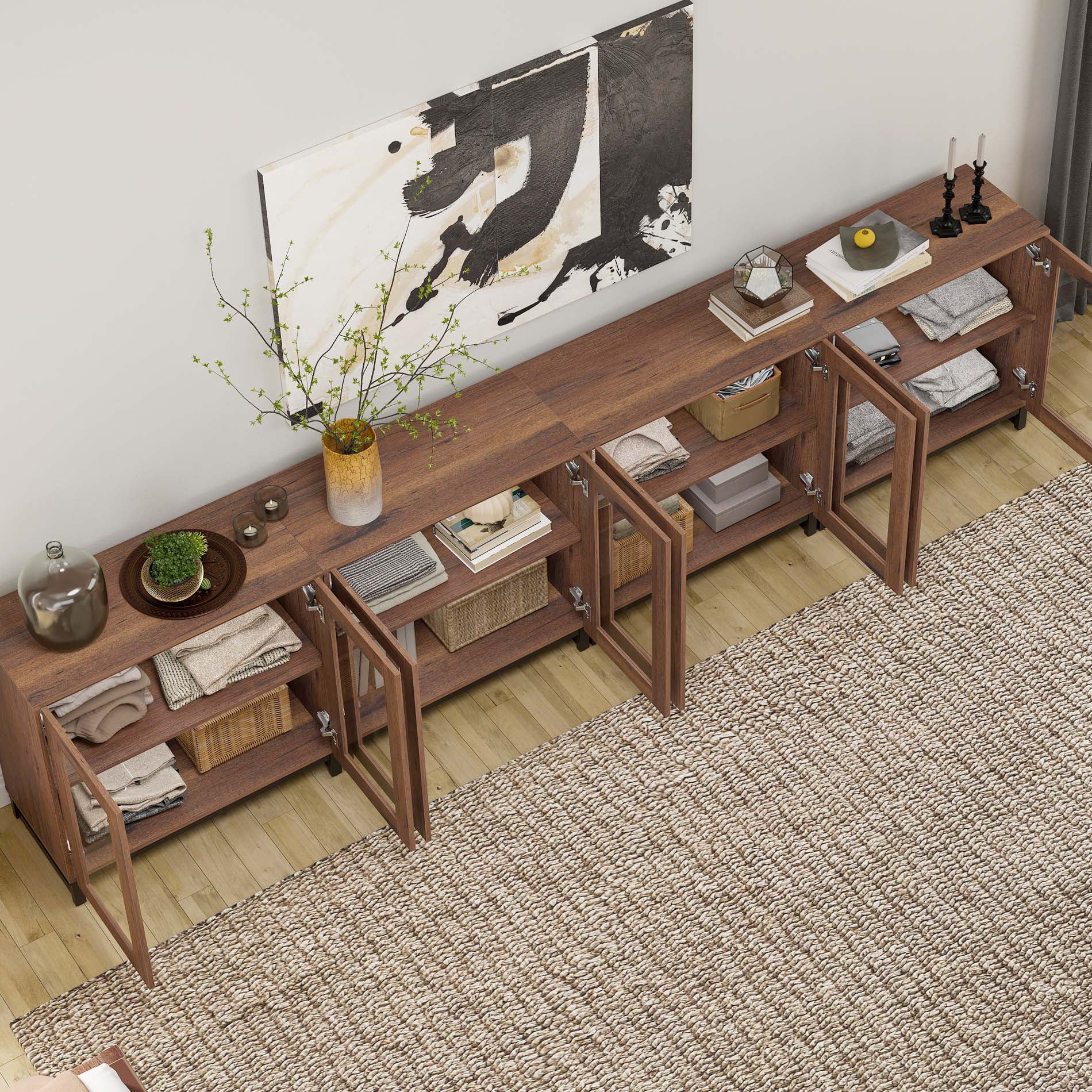 Modern Sideboard Buffet Cabinet with Glass Door & Drawer, Adjustable Shelf Credenza, Coffee Bar Storage Cabinet for Living Room & Kitchen,Brown