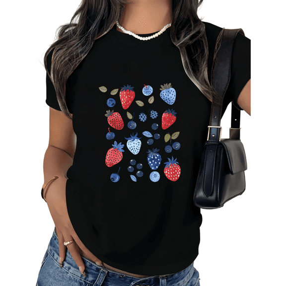 Black Print Tshirt Graphic Tees Berry Mix Red Blue Strawberry All Season Casual Comfort Tops S-5XL Tops