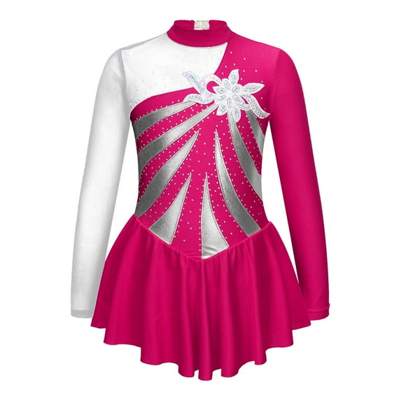 TiaoBug Kids Girls Shiny Metallic Figure Ice Skating Dress Sequin Floral Print Dancewear