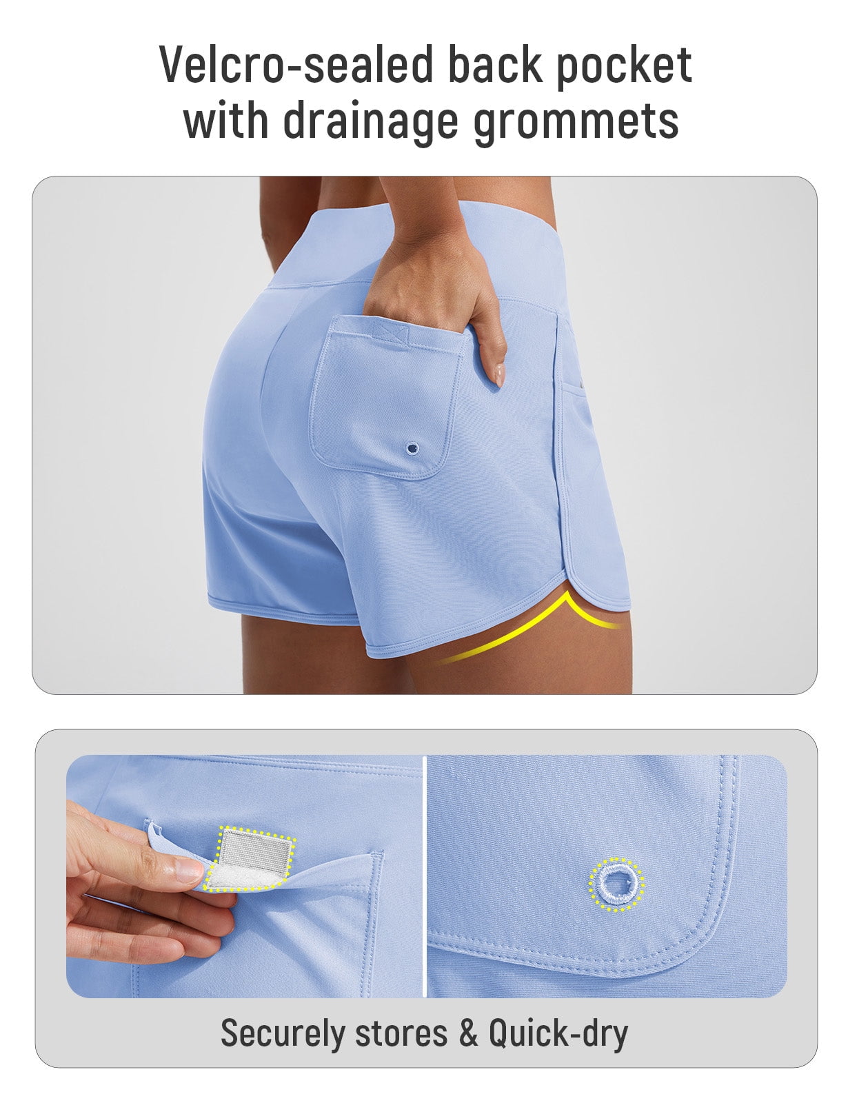 baleaf Women's 3" Swim Shorts High Waisted Board Shorts Quick Dry Bathing Suit Swimsuit Tankini Bottoms with Velcro-sealed Pockets UPF50+ Light Blue XS