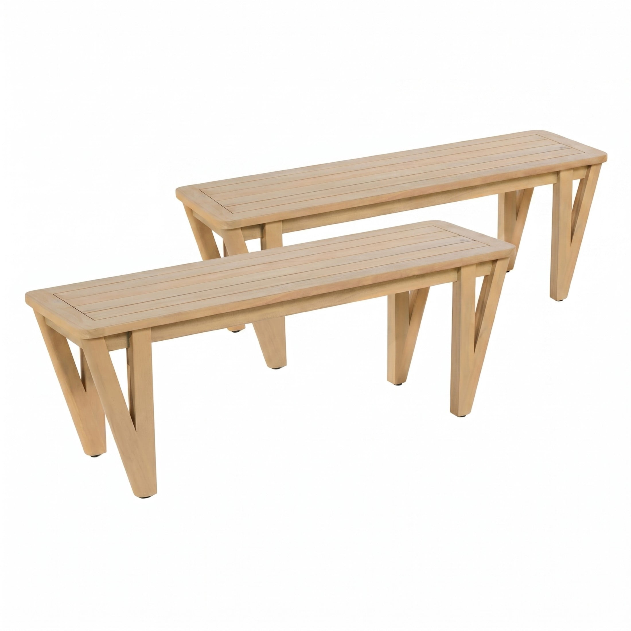 Christopher Knight Home Farmhouse Acacia Wood Outdoor Dining Bench with V-Legs for 2 to 3, Light Teak, Set of 2
