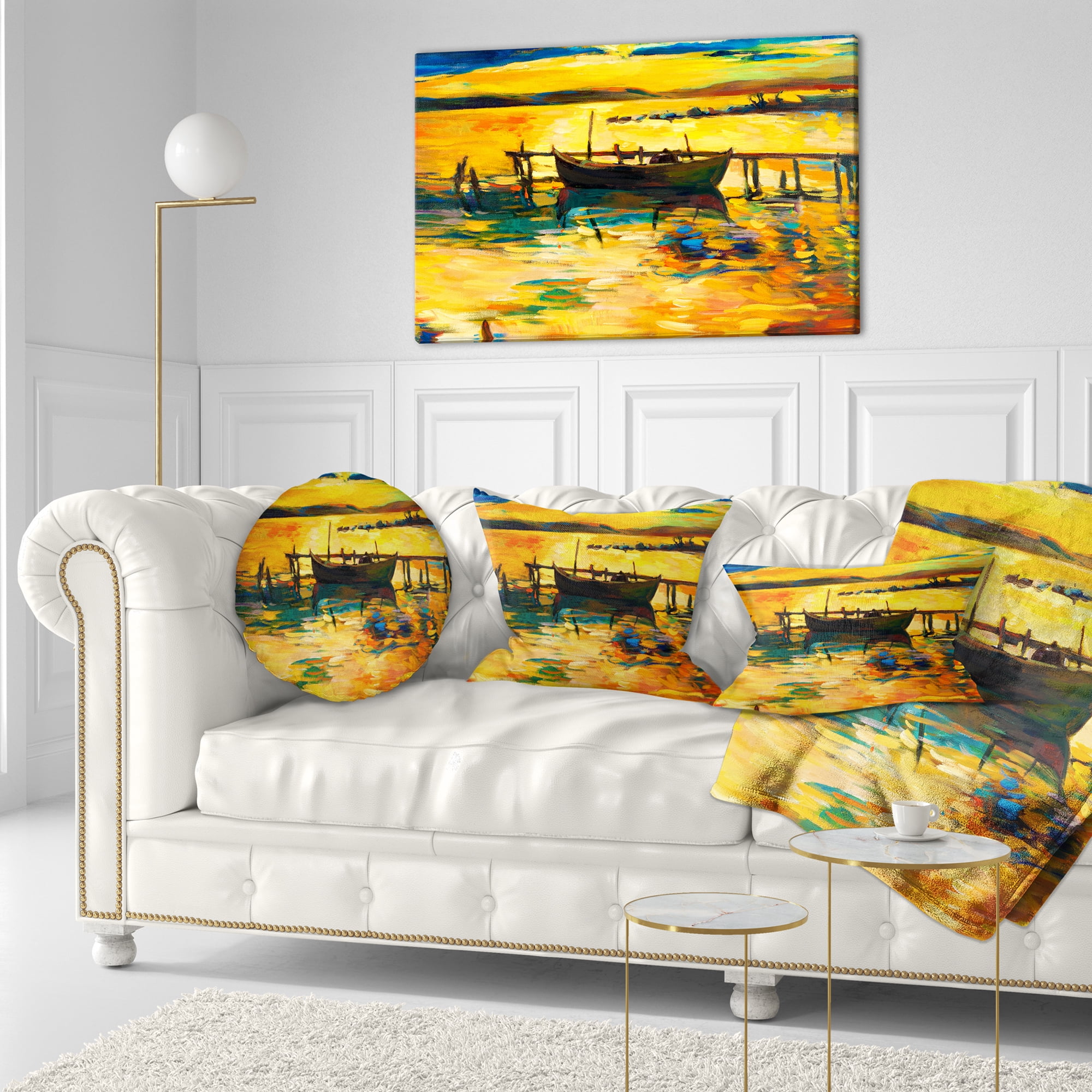 Designart Boat and Pier in Yellow Shade - Seascape Throw Pillow - 12x20