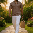 thumbnail image 6 of Men's Short Sleeve Knit Button-Down Shirt, Textured Cable Knit Polo Collar Casual Summer Shirt, 6 of 12