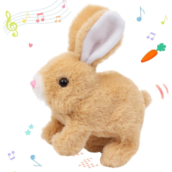 Easter Hopping Rabbit Interactive Electronic Pet Plush Bunny Toy with Sounds and Movements Animated Walking Wiggle Ears Twitch Nose Gift for Toddlers Birthday, Brown, 7''