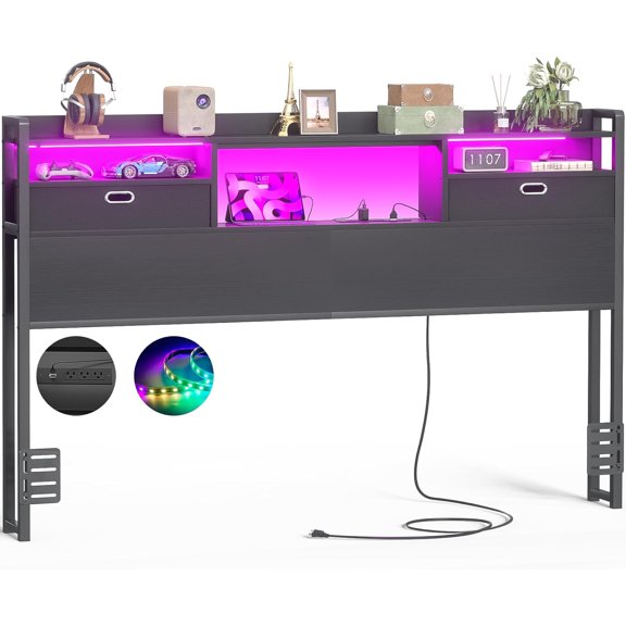 Unikito Queen Headboard with Drawer Storage & LED Lights, Wood Queen Size Headboard Only Built-in Power Outlet & Bookcase for Bedroom/Dorm/Guest Room, Black