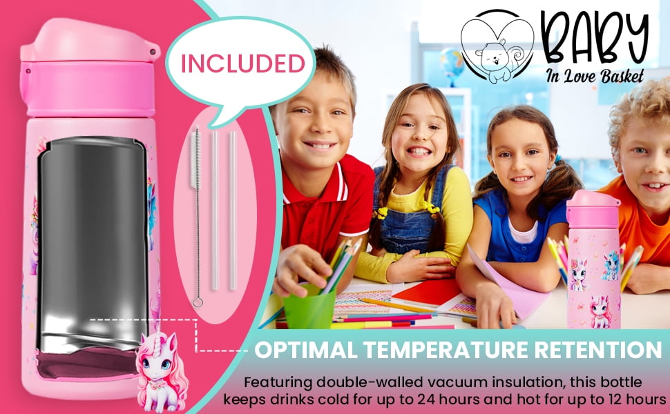 Unicorn Insulated Water Bottle for Kids - 16 oz Stainless Steel, BPA Free, Dishwasher Safe, with Silicone Straw - Keeps Cold 24 Hrs, Hot 12 Hrs - Perfect for School, Travel, Sports