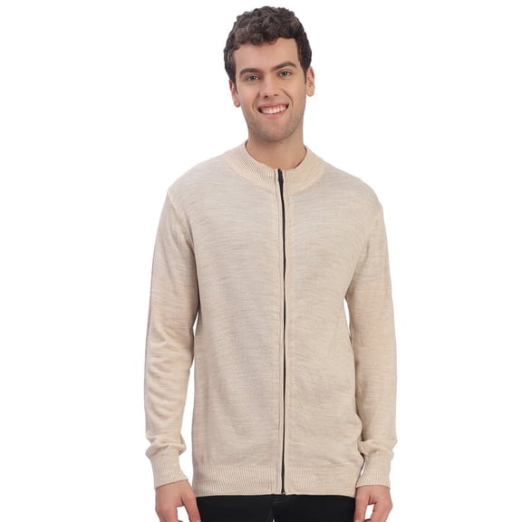 Cavardi Casual Men’s Full Zipper Sweater – Beige | L