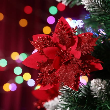 NUOLUX Artificial Poinsettia Flowers 12Pack Red Glitter Poinsettia Picks for Christmas Party and Home