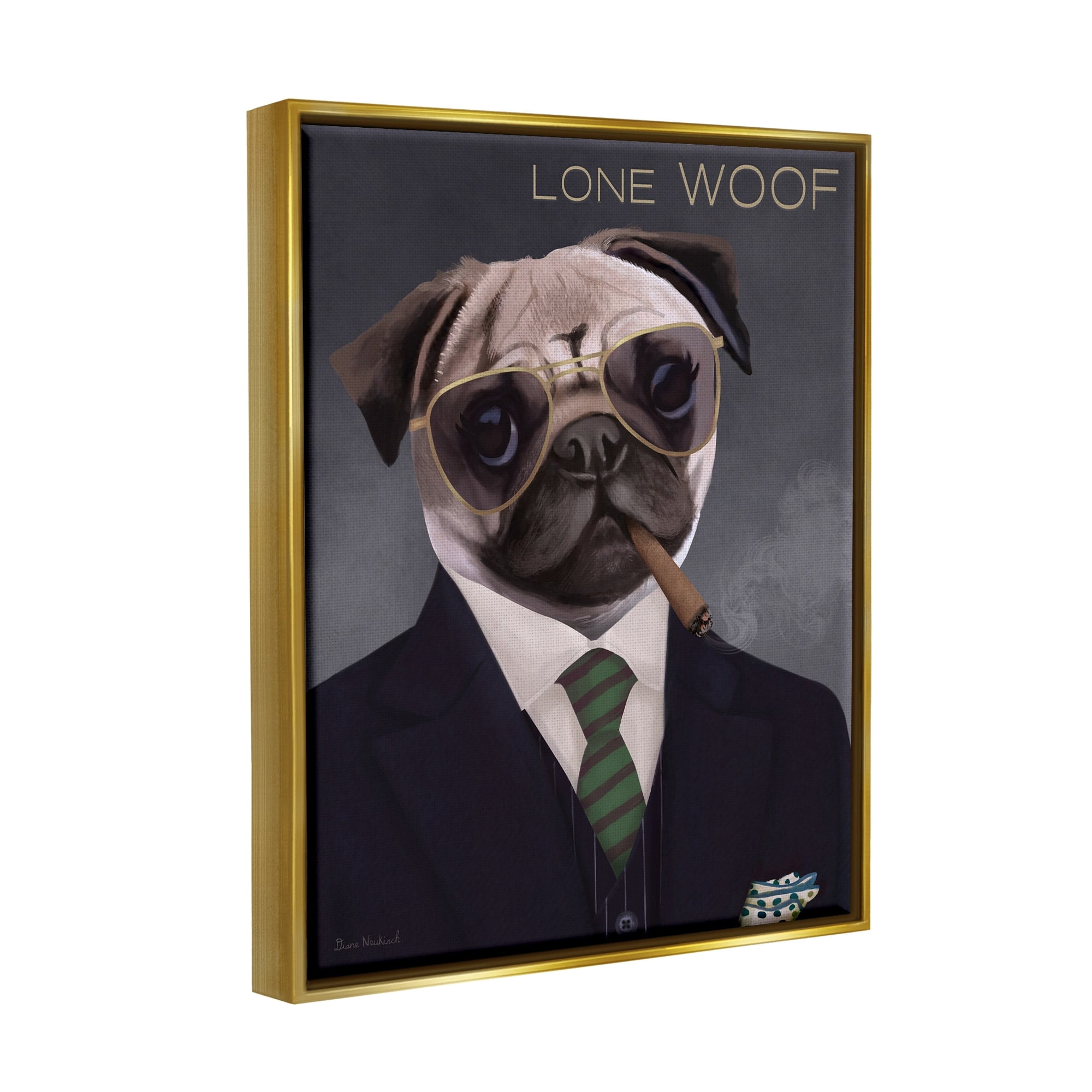 Stupell Industries Lone Woof Pug Dog Smoking Cigar Necktie Graphic Art Metallic Gold Floating Framed Canvas Print Wall Art, Design by Diane Neukirch