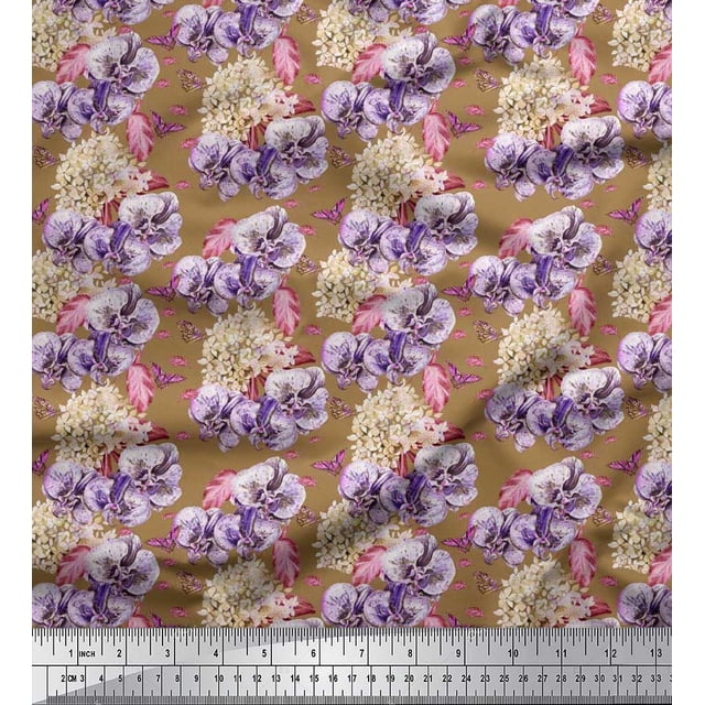 Soimoi Poly Georgette Fabric Insect,Pansy & Yellow Flower Floral Printed Fabric 1 Yard 42 Inch Wide