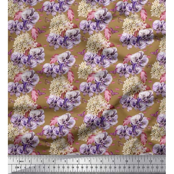 Soimoi Cotton Duck Fabric Insect,Pansy & Yellow Flower Floral Print Fabric by the Yard 56 Inch Wide