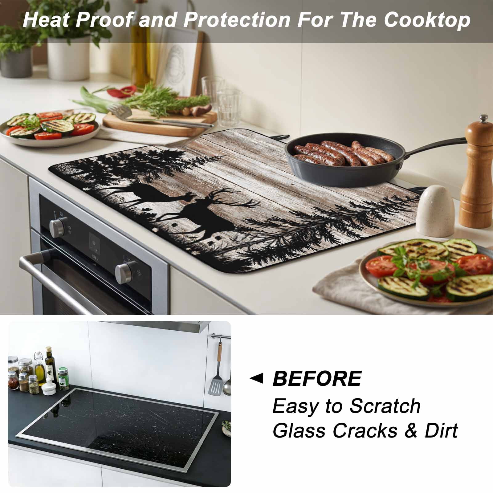Deer Silhouettes Stove Top Cover for Electric Stove, Heat-proof & Non Slip Glass Top Stove Cover Protector, Trees Wooden Retro Art Farmhouse Kitchen Flat Cooktop Rubber Mat 24x21 Inches