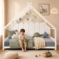 thumbnail image 3 of SESSLIFE Montessori Floor Bed, Twin Size Toddler Bed with Roof and Guardrail, House-Shaped Design, No Box Spring Needed, Toddler Bed Frame for Kids, White, 3 of 9