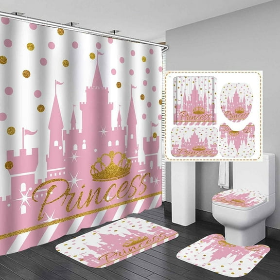 4PCS Pink Castle Shower Curtain Set, Modern Luxury Shining Gold Glitter Crown Polka Dot Striped Cartoon Fantasy Kingdom Fairy Tale Girls Girly Bathroom Decor, Non-slip Bath Mat, Princess
