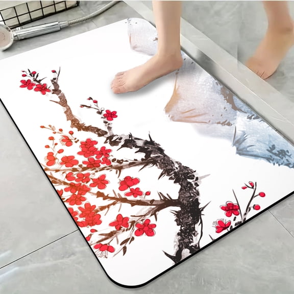 1pc Cherry Blossom and Mountain Scene Bathroom Rug Bathroom Decor and Accessories- Durable,Anti Slip,And Quick Drying,Suitable For Indoor/outdoor Use - Perfect For Bathrooms,Bedrooms,Kitchens