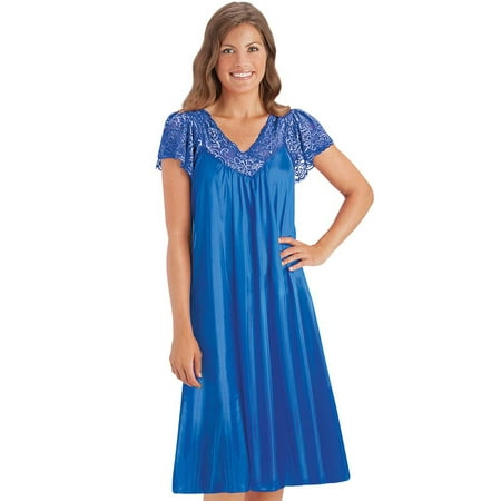 

Collections Etc Women s Silky Lace Trim V-Neckline Knee-Length Nightgown with Flutter Lace Sleeves Royal Blue Small