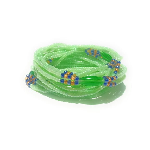 African Waist Beads Set, 3-in-1 Light Green Glass Belly Beads with Green Accents, 42 Inch Traditional Tie-On Strand
