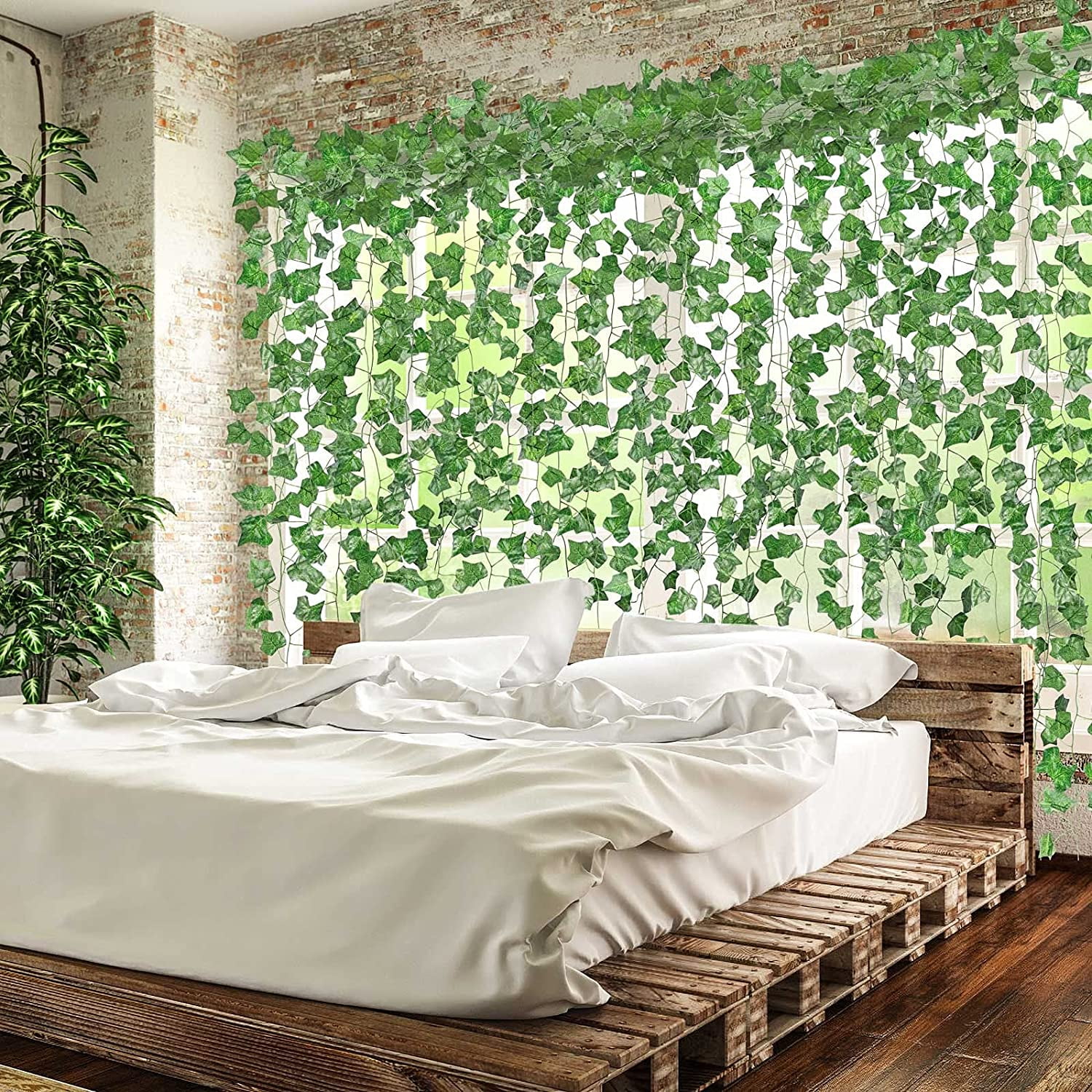Morttic 72 Strands  Vines Garland - 496 Feet Artificial Leaves Fence Privacy Screen Green Fake Vines for Room Decor - Greenery Garland for Wall Decorations
