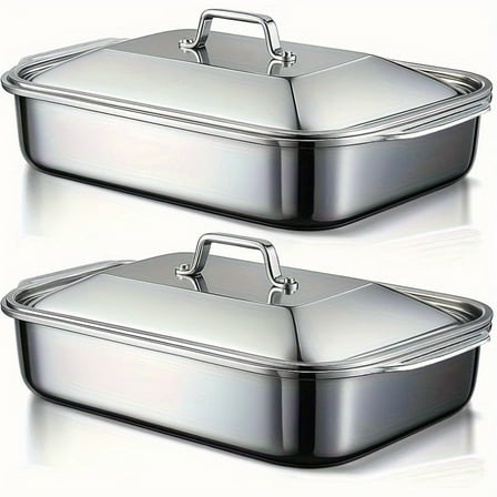 4-Piece Stainless Steel Baking Pan Set with Handled Lids & Drip Tray, Non-Stick Rectangular Deep Pans for Oven BBQ Camping, 16.1 Inch Commercial Grade Cookware