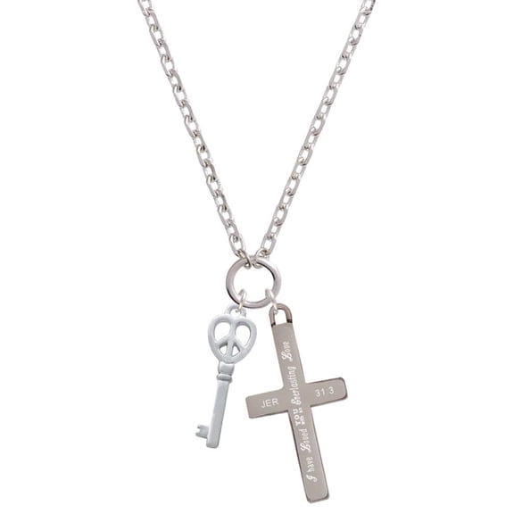 Delight Jewelry Silvertone Open Peace Heart Key Everlasting Love Engraved Cross Zoey Necklace, 28"