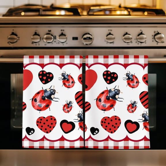 Red Ladybugs Kitchen Towels Set of 4, Modern Love Heart Checkered Plaid Absorbent Dish Towels for Kitchen, Microfiber Hand Towel, Quick Drying Tea Towel for Cleaning Decorative Dishcloths