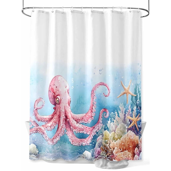Fsddascl Octopus Shower Curtain Set - 72" x 78" Washable Bathtub Curtain with 12 Hooks, Coastal Starfish Watercolor Blue Ocean Coral Waterproof Fabric Stall Shower Curtains for Bathroom/Bathtub
