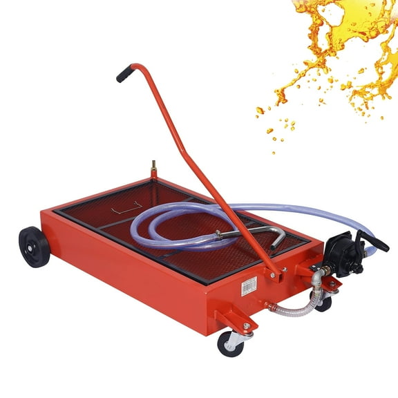 17 Gallon - Low Profile Oil Drain Pan, Oil Drain Pan with Manual Pump - Folding Handle, Heavy-Duty Mobile Oil Drain Tank with Locking Wheels & Filter Screen for Easy Truck, SUV Oil Changes