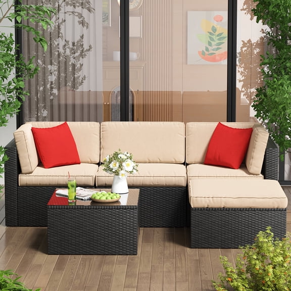 5-Piece Modular PE Rattan Patio Furniture Set, All-Weather Outdoor Sectional Sofa With Glass Coffee Table & Ottoman, Wicker Conversation Set For Backyard, Deck, Poolside (Red-Beige)