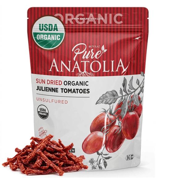 Pure Anatolia Organic Sun-Dried Tomatoes Julienne Cut – Dry Packed, No Oil Added, Unsulfured, No Preservatives – Premium Turkish Quality – Perfect for Pasta, Salad & Cooking – 3.17 oz Resealable Bag