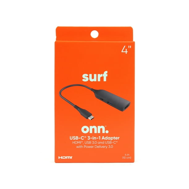 onn. 3-in-1 USB-C Adapter with 100W USB-C Power Delivery, USB 3.0