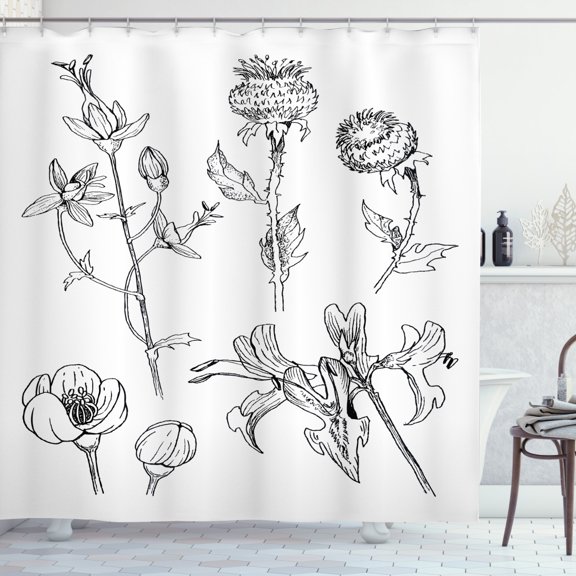 Ambesonne Floral Shower Curtain, Sketchy Blooming Flowers, 69"Wx70"L, Charcoal Grey White