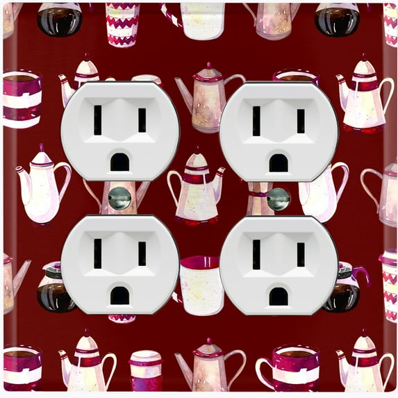 Metal Light Switch Wall Plate Outlet Cover (Coffee Mocha Espresso Tea Pot Kettle Maker Festive Cup Maroon - Double Duplex)