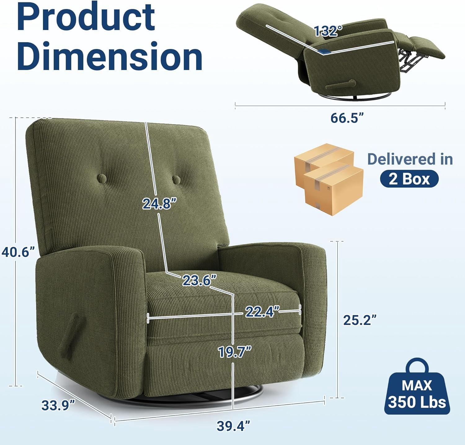 Nursery Recliner Chair, 360° Swivel Rocking Glider Chair for Adults with Adjustable Backrest & Footrest, Cozy Corduroy Upholstered Armchair for Living Rooms, Bedrooms, Apartments, Green