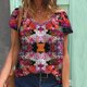 thumbnail image 1 of Camiseta Holgada de Manga Corta Fiudx para Mujer Cuello En V Estampado Informal, 1 of 3