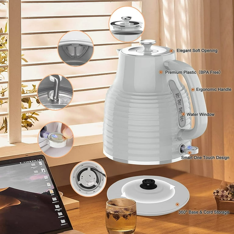 Anfilank 1.7L Cordless Electric Kettle, Plastic Tea Kettle with Water  window And LED Light, Cream 