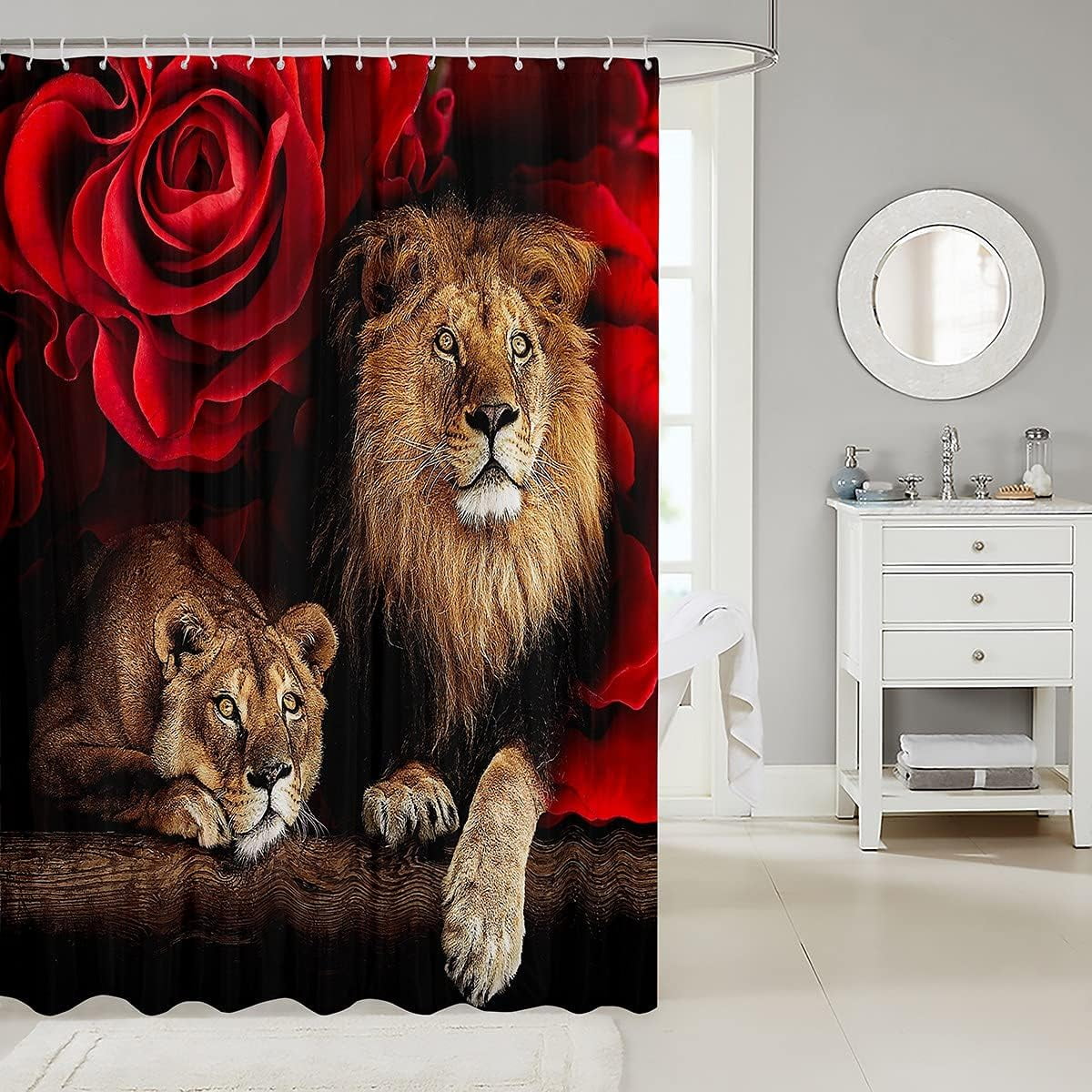 Rose Flower Bathroom Decor Shower Curtain, Animal Lion Print Bath Curtain for Kids Teen Boys Girls Home Room Waterproof Shower Curtains, Modern Style Bath Decorations 72" W x 84" L
