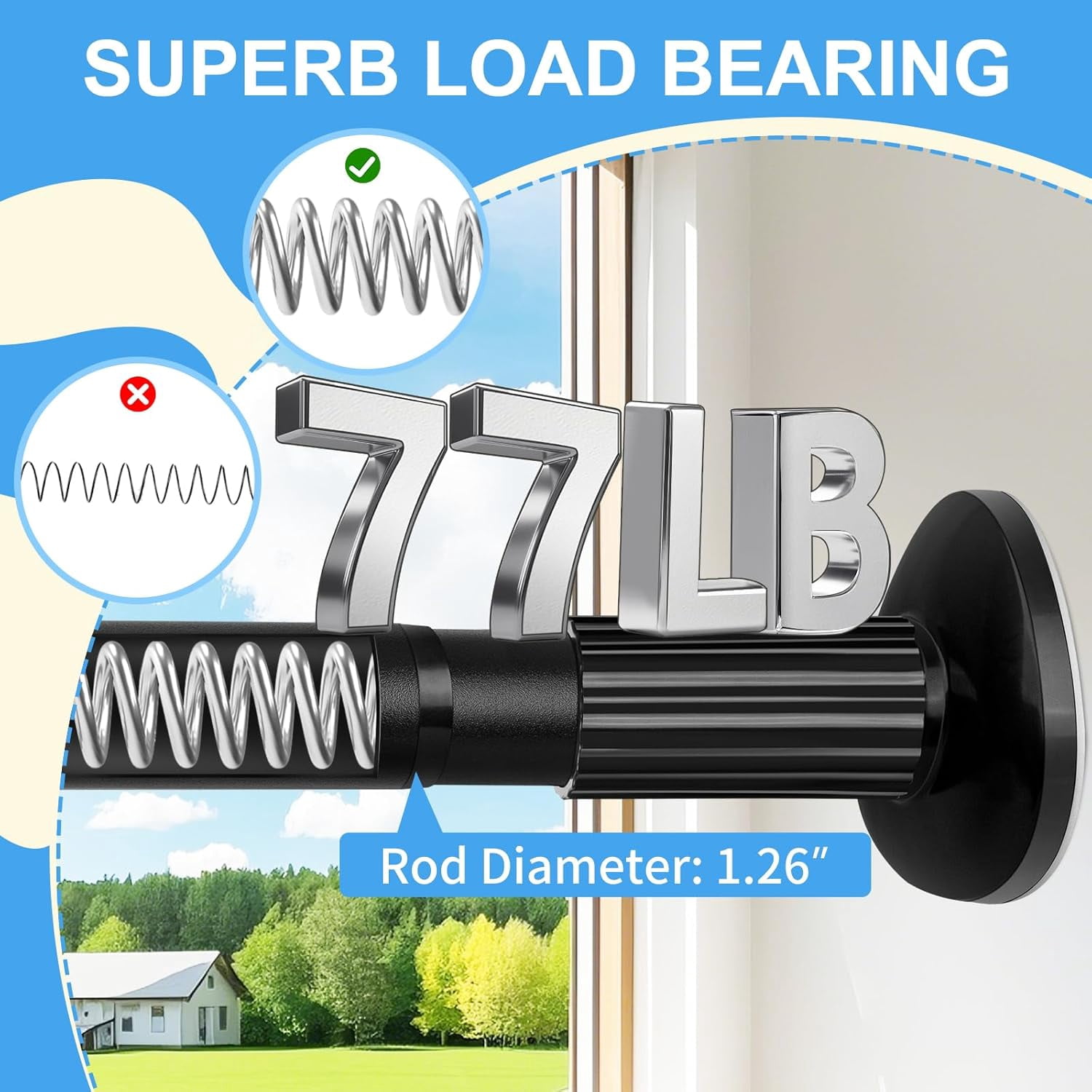 Tension Curtain Rod 51-86 Inch, Curtain Rod No Drilling for Window or Bathroom Closet, Outdoor Curtain Rods for Patio Tension Rod, Easy to Install, Never Rust, Rod Diameter 1.26 Inches - Black