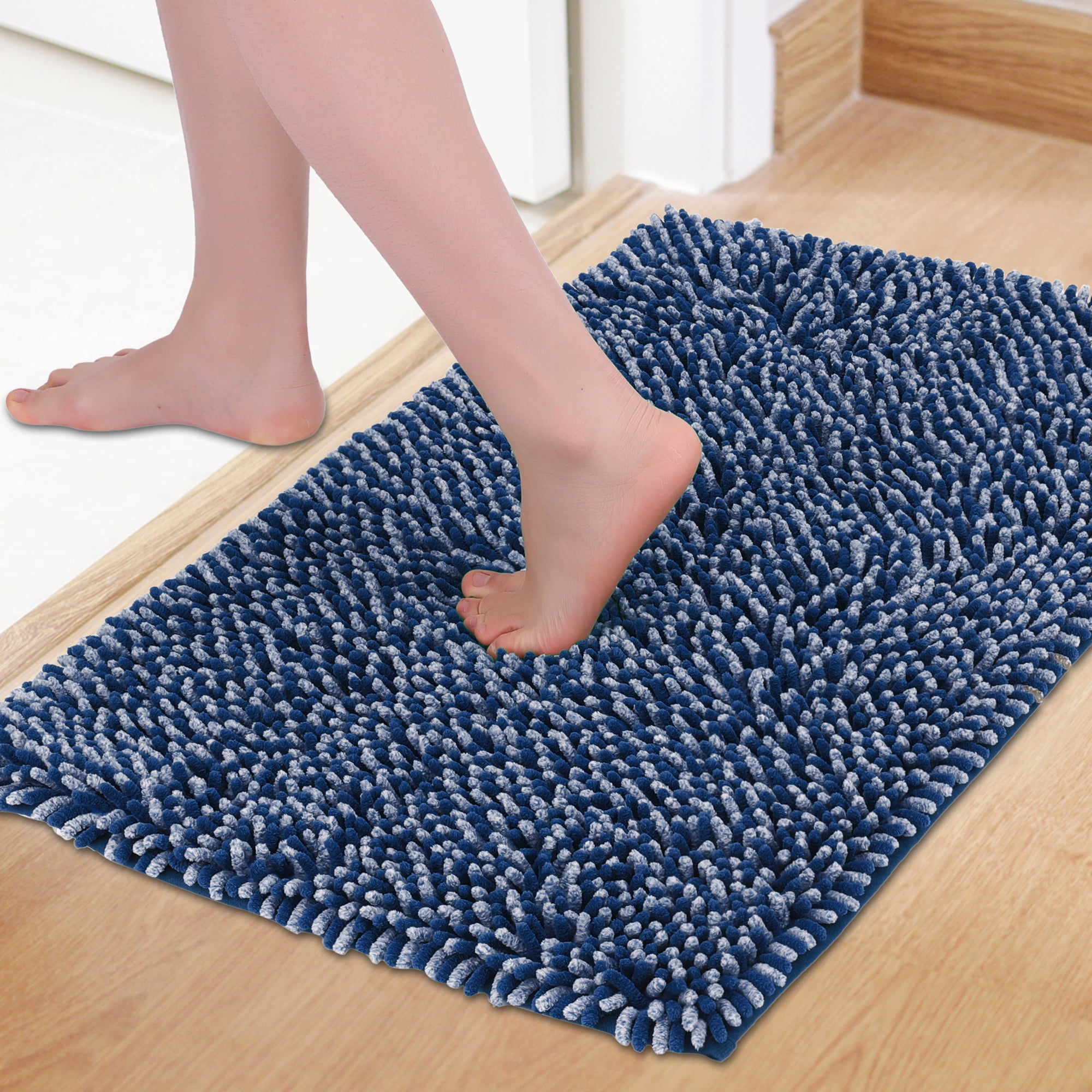 Unique Bargains Non Slip Absorbent Chenille Bathmat Washable Soft Bath Rug Blue 17" x 24"