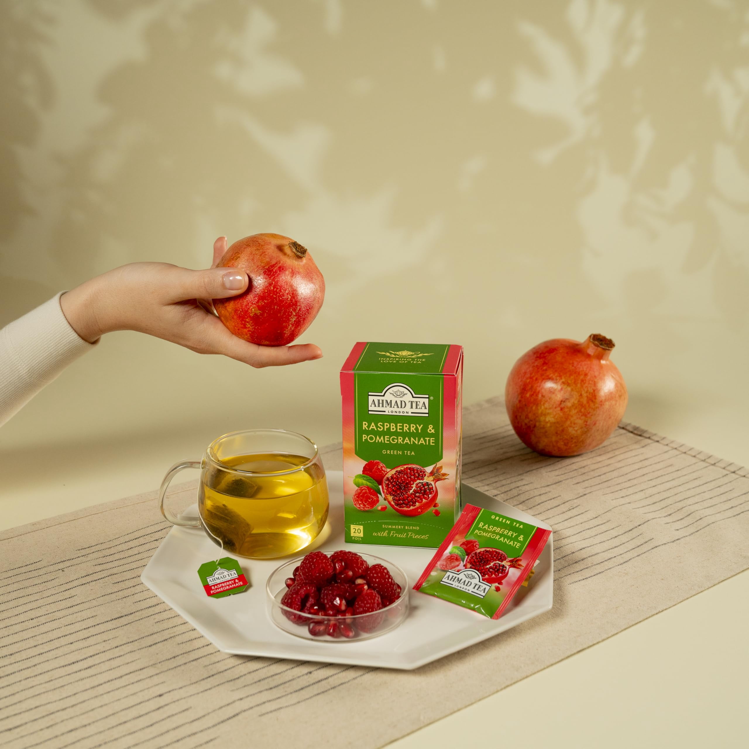 6 packs -Ahmad Raspberry & Pomegranate flavored Green Tea with Fruit Pieces 20 T/B