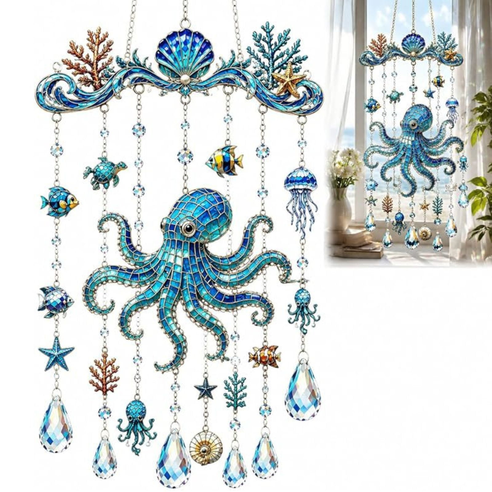 Ocean-Themed Crystal Wind Chime – Gentle Melody Outdoor Hanging Sun Catcher Marine Creature Prism Wind Chime For Balcony Porch Yard Indoor Home Decoration