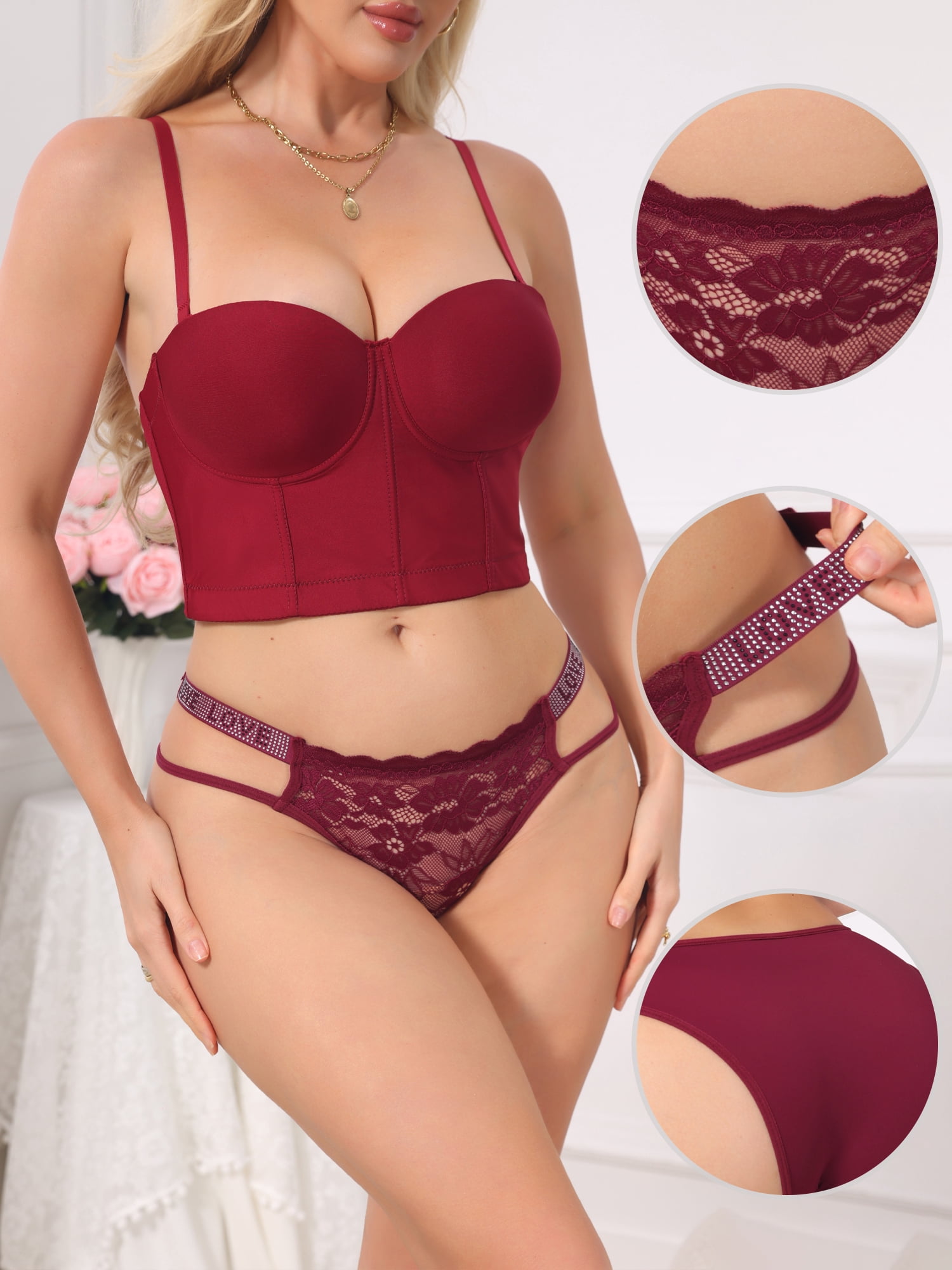 DARING DIVA Women's Low Waist Shiny Tangas Letter Prints Lace Underwear Thong XL Red