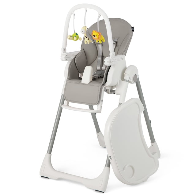 Babyjoy Trona de Bebé 4 en 1, Silla de Alimentación Plegable con 7 Alturas, Reposapiés Retráctil, Ruedas Bloqueables, Cojín Extraíble, Barra de Juguetes y Bandeja Doble para Niños Pequeños