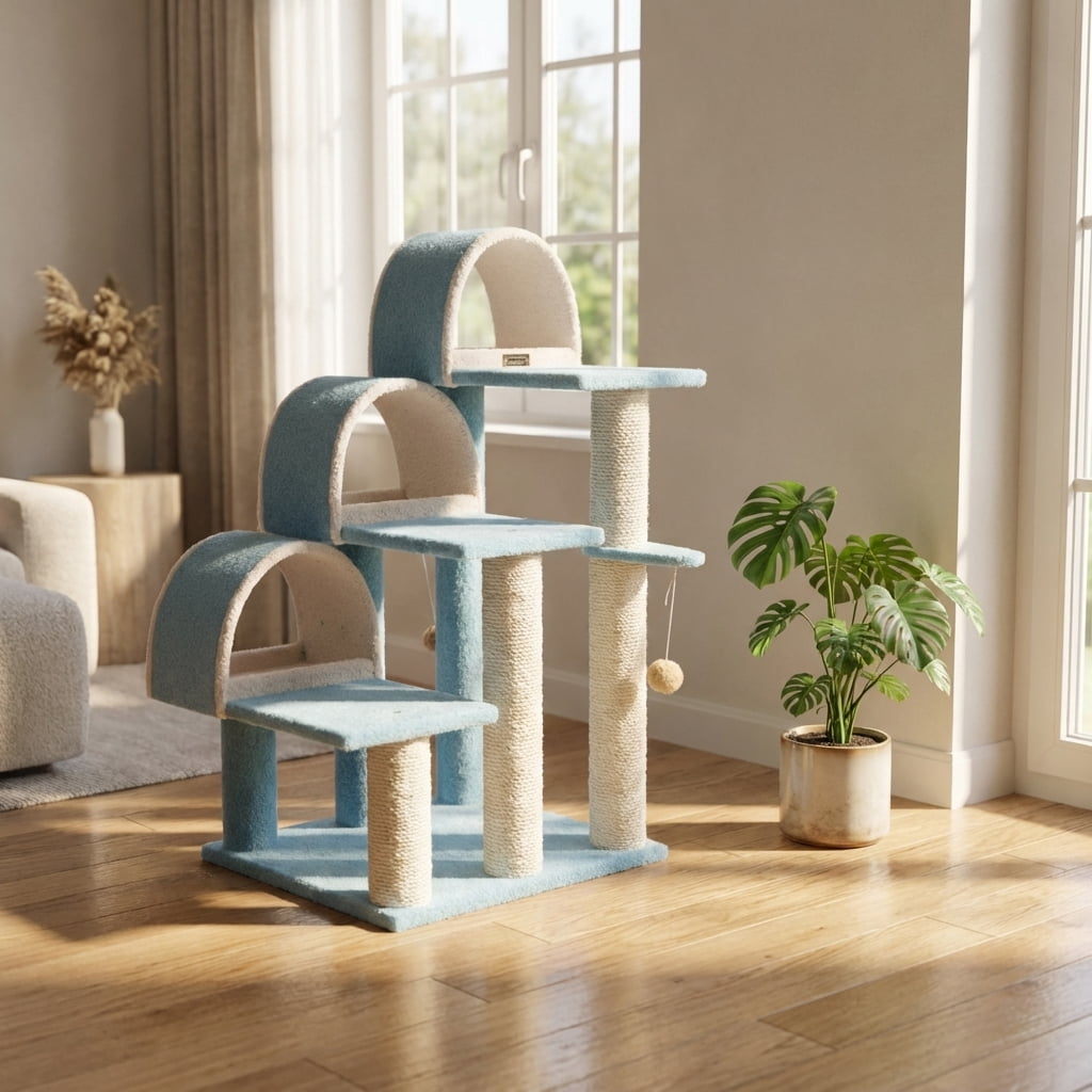 Multi-Level Cat Tree with Sisal Scratching Posts, Blue and Beige, 31x20x38 Inches, 3 Arched Condos, Hanging Toy Ball