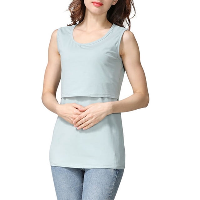 Lenpel Débardeurs de Maternité pour Femmes en Coton Col Rond Double Couche Tunique Sans Manches T-Shirts de Grossesse (Vert, Petit)