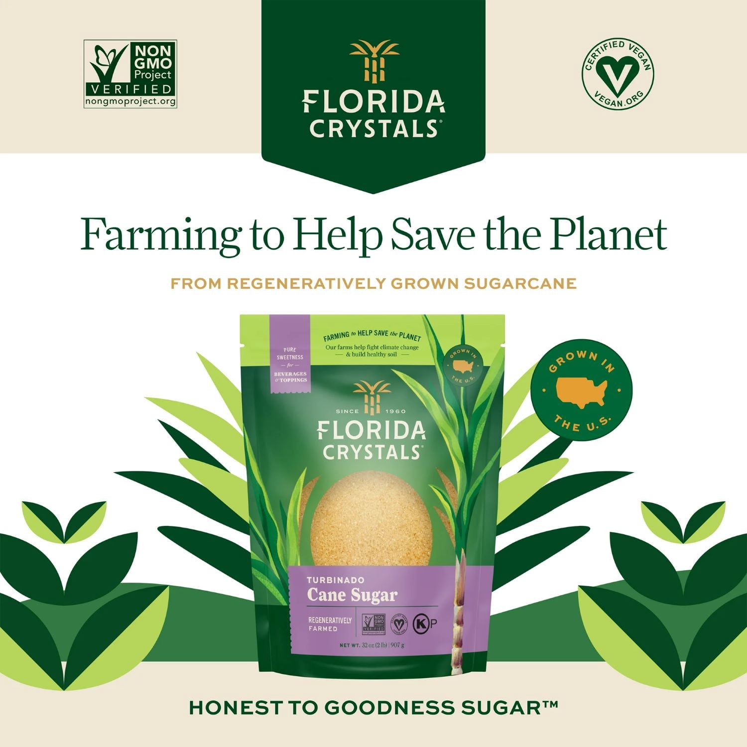 Florida Crystals Turbinado Cane Sugar, Non GMO, Allergen-Free, 2 lb, Stand-Up Bag