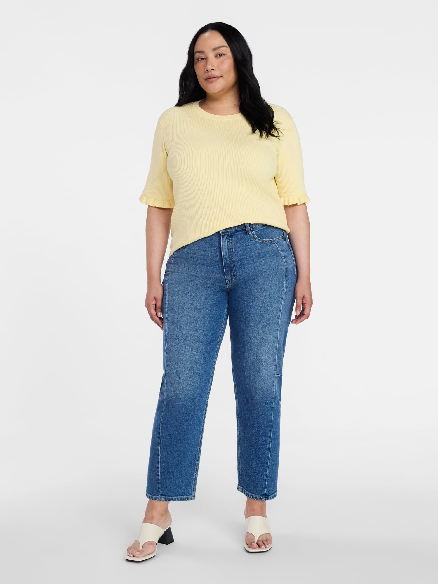 Time and Tru Women's Ribbed Sweater with Flounce Sleeves, Midweight, Sizes XS-XXXL