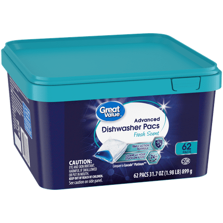 Great Value Advanced Automatic Dishwasher Pacs, Fresh Scent, 62 Count