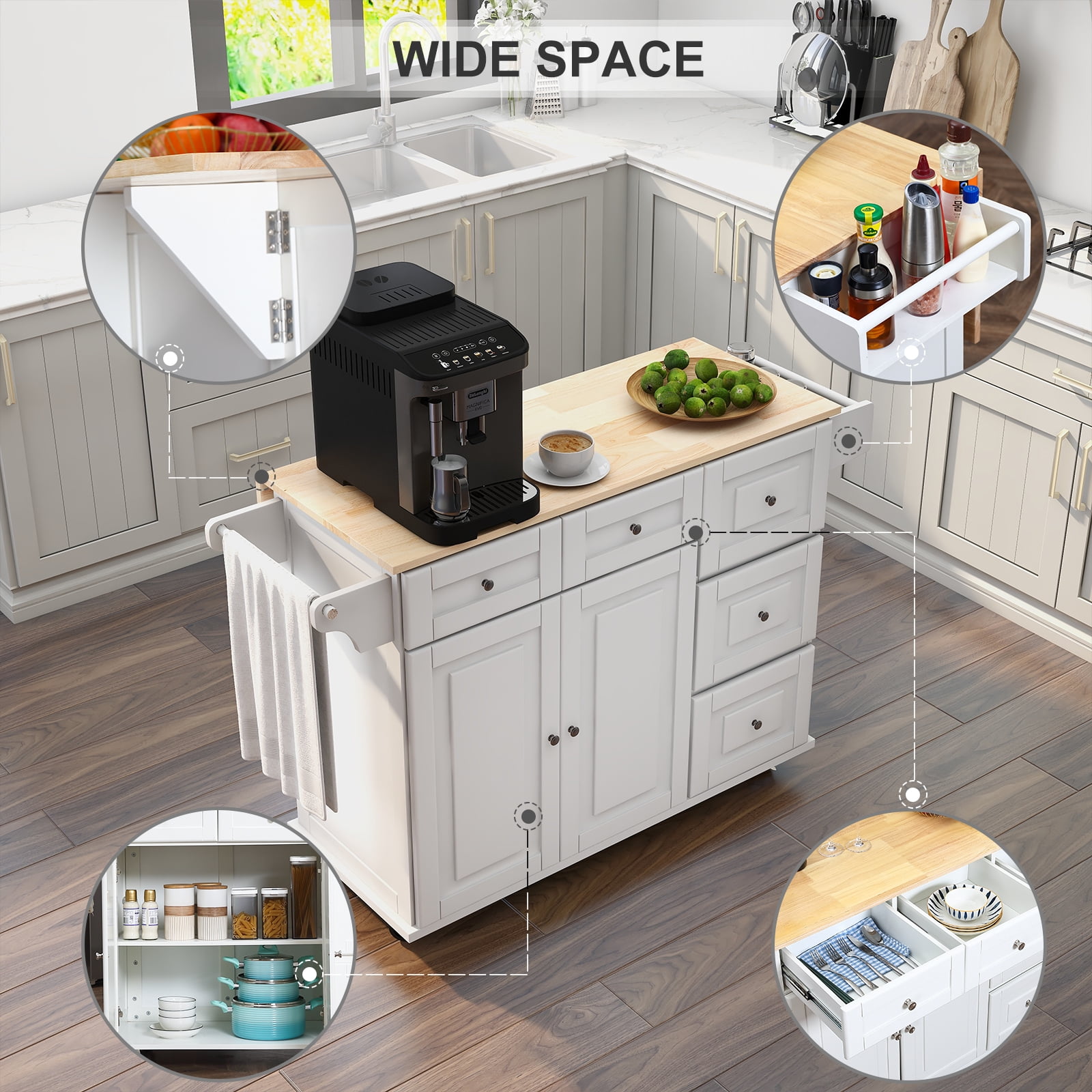 Homrest Kitchen Island with Drop Leaf,Kitchen Cart Rolling Mobile Island with Wooden Countertop, Spice Rack,Adjustable Shelves and Drawers, White